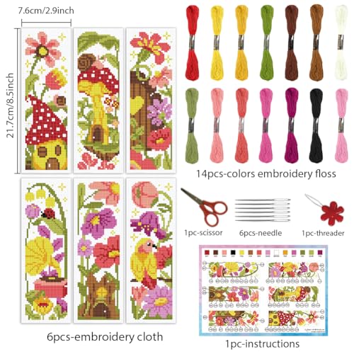 INFUNLY 6pcs Flowers Cross Stitch Bookmark Kits for Adults Mushroom Houses DIY Cross Stitch Kit with Instructions Pre-Printed Birds Tree Stake Stamped Embroidery Bookmark Kit for Book Readers Gift - style: Flower Mushrooms