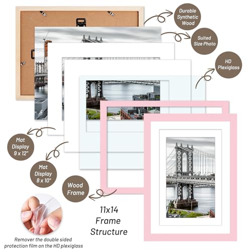 11x14 Solid Wood Picture Frames with Mat or without Mat for 9x12, 8x10, 11x14 - Wall Mounting or Table Top (Pink) - color: Pink, size: 11x14 inch