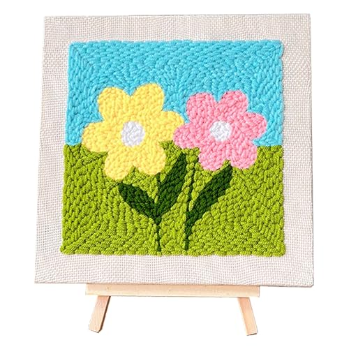 Allazone Punch Needle Starter Kit, Embroidery Frame With Square Fabric, Flower Pattern, Hoop, Yarns (Yellow and Pink Flowers) - color: Green Blue