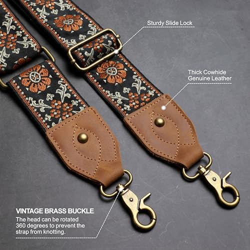 Nefelibata Banjo Strap,2"Wide Double Crazy Horse Leather Jacquard Embroidery Strap Adjustable Replacement,Multi-pattern Strap With Metal Clips - color: A#-embroidery Brown Flower