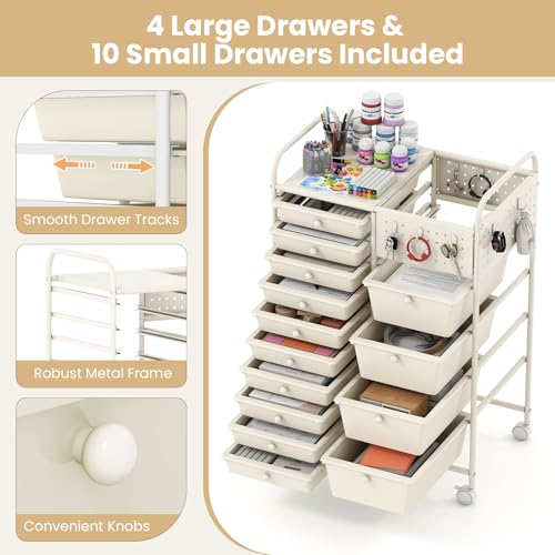 Giantex 14 Drawer Storage Cart, Rolling Craft Cart with Metal Tabletop & Pegboard, Mobile Utility Organizer Trolley with Locking Wheels, Home Office, Ivory - color: Ivory, size: 14 Drawer-25"x14.5"x34.5"