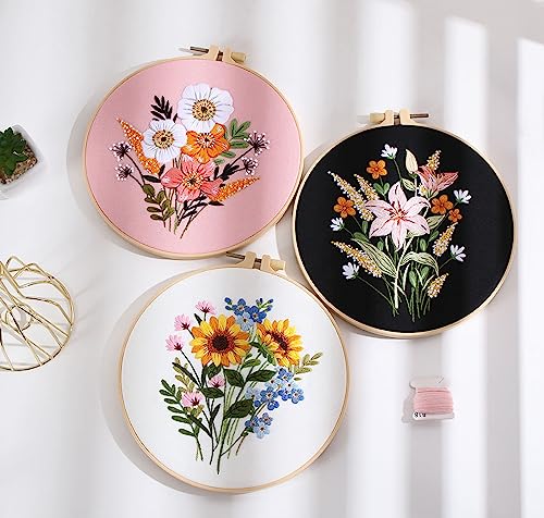 GLTAYLMY Embroidery Kit for Beginners Adults,3 Pack Cross Stitch Kits with 1 Plastic Embroidery Hoops,Needles and Color Threads,Needlepoint Kit for Hand Embroidery Starter - color: New Flower