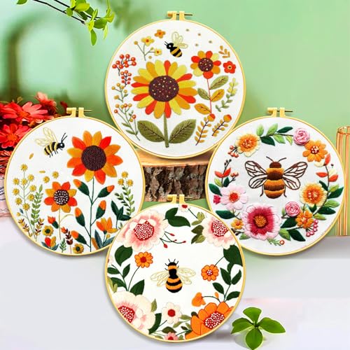 Zhenqing Bees & Flowers Embroidery Kit 11.4x11.4cm - 4-Piece Complete Cross Stitch Set with Pre-Printed Fabric, Threads, Hoop, Needles & Instructions | DIY Craft for Adults, Beginners-Friendly (C0046) - color: C0046