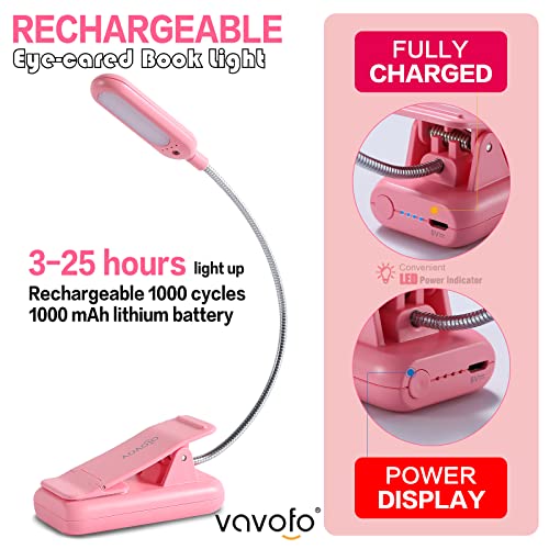 VAVOFO Rechargeable Book Light for Reading in Bed Kids, 7 LED Reading Light with 9-Level Warm Cool White Daylight, Eye Care Lamp with Power Indicator for Bookworms (Pink) - color: Pink