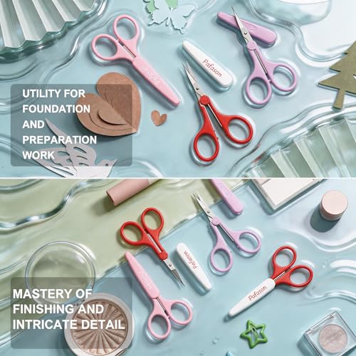PAFASON Small Travel Sewing Crafting Scissors Set Straight Curved Tip - color: Straight 4in Pinkpurple + Curved 3.5in Red