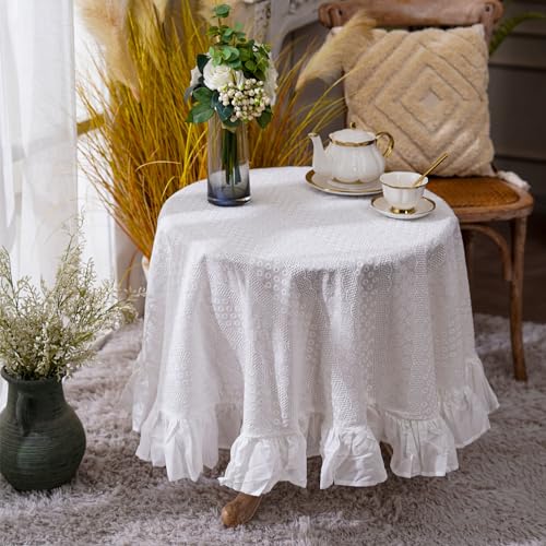ARTMAGIC French Ruffle Cotton Tablecloth Round Embroidered Table Cloths - size: 60" (Round)