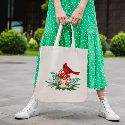 Louise Maelys Embroidery Kit, Cardinal Mushroom Canvas Tote Bag Craft Set - color: Cardinal