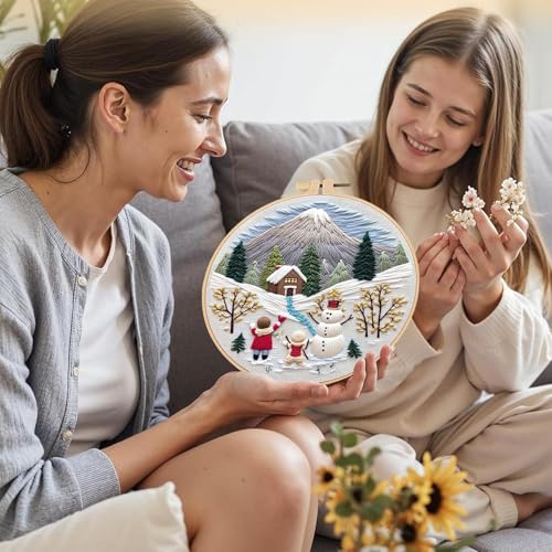 LB Christmas Embroidery Kit for Beginners Adults, 3 Sets Hand Embroidery Starter Kit with Mountain Pattern and Instructions Stamped Cross Stitch Kits Include Embroidery Hoop Needles Threads Scissors - color: Blue White