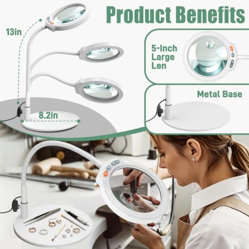 30X 10X Large Magnifying Glass with Light and Stand, 5-Inch Optical Grade HD Lens, 5 Color Modes Stepless Dimmable LED Desk Lamp, Hands Free Gooseneck Lighted Magnifier for Painting Close Work White - color: White