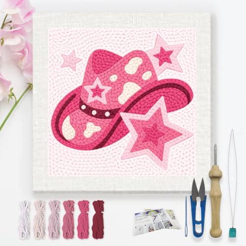 DOODLREAM Weatern Cowboy Punch Needle Kit for Beginner, 9.4"x9.4" Pink Star Hat Stitching Craft Set, DIY Embroidery Starter with Printed Frame, Instruction, Threader, Yarn, Pinch Needle - color: Pink Star Hat