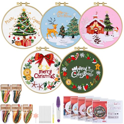 ERKOON 5 Sets Embroidery Kit for Beginners, Christmas Cross Stitch Set with Easy Pattern Embroidery Cloth Hoops Threads for Craft Lover Hand Stitch - color: 5pcs Christmas