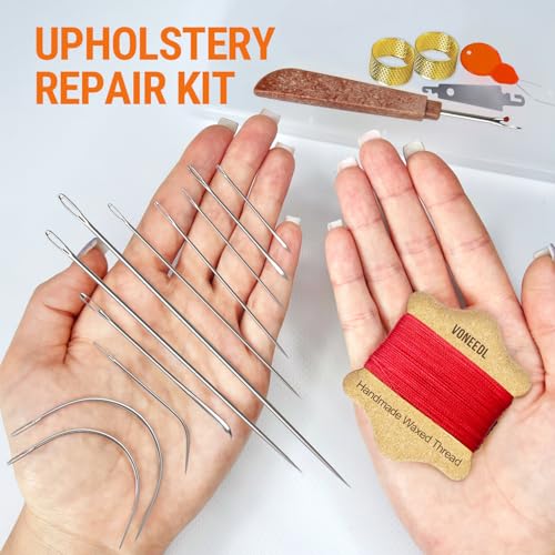 VONEEDL Upholstery Repair Kit: Waxed Sewing Thread (Red Color) & Heavy Duty Needles (11 PCS) for Leather, Canvas & Quilting Thread - color: Red