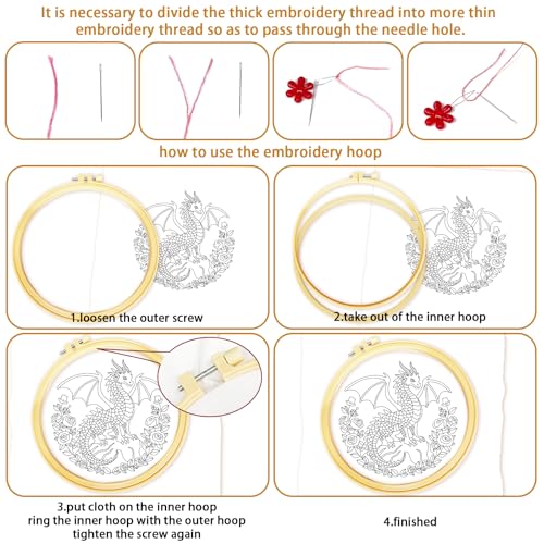 BEUNITONE 6 Set Embroidery Kits for Beginners with Dragon Pre-Print Pattern - style: Dragon