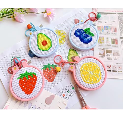 VIGEGU 8 Pack Fruit Stamped Cross Stitch Kits for Kids Beginners with Frame - color: Fruit