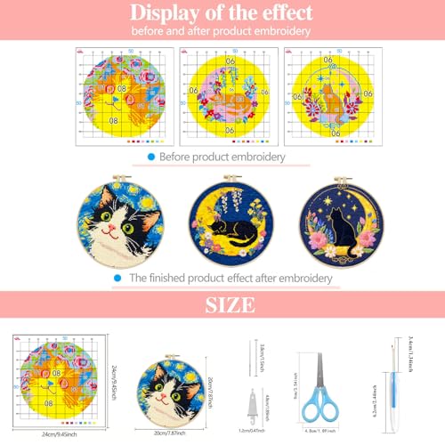 Zhenqing 3 Pack Cat Stamped Cross Stitch Kit for Beginners - color: 3 Pack Cat