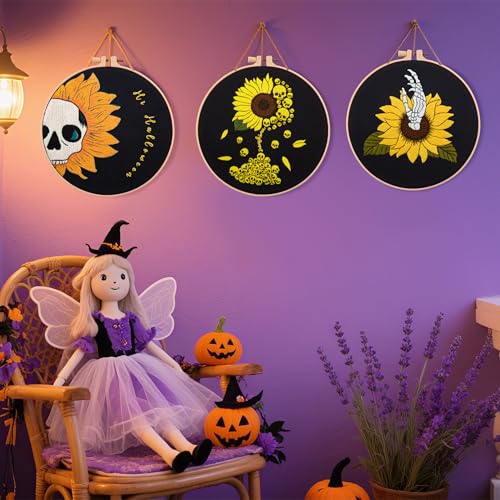 Halloween Gothic Embroidery Kits for Beginners Adults, Skull Hand Embroidery Needlepoint Kits, Sunflower Stamped Cross Stitch Kits for Beginners Adult, 3 Set Embroidery Hoops (Attached Video Tutorial) - color: Sunflower
