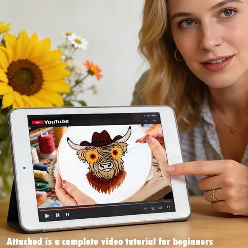 Highland Cow Embroidery Kits for Beginners Adults, Animal Hand Embroidery Starters Kits, Stamped Cross Stitch Kits DIY Needlepoint Kits for Beginners Adults, Embroidery Hoop, Thread and Video Tutorial - color: H2080, size: 8Inch