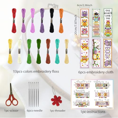 ORIGACH 6 Set Cross Stitch Bookmark Kit for Beginner Owl Pattern DIY Stamped Embroidery Bookmark Kit with 13 Colors Embroidery Floss Instructions - style: Owl