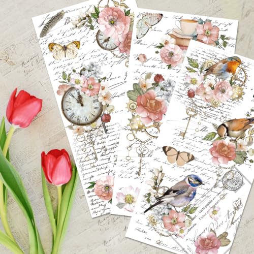 3 Sheets Flower Rub on Transfer Waterproof Floral Furniture Transfers Decal Bird Farmhouse Rub on Transfer 6x12 Butterfly Transfer Cabinet Stickers for Wood Door Craft Home Kitchen Decor - style: Style 1- Retro French