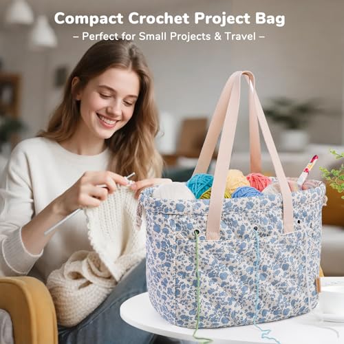 MYBAGZING Portable Crochet Bag Organizer with Crochet Hook Organizer Roll - color: Blue Flower