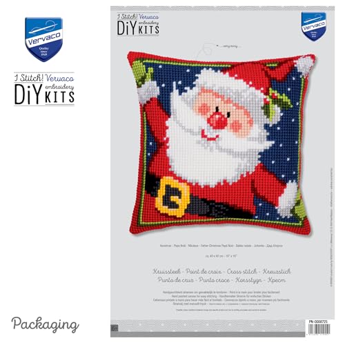 Vervaco Cross Stitch Christmas Pillow Kit TA-DAA Santa DIY Home Decor Stamped Embroidery Chunky Cross Stitch Cushion Craft Supplies ca. 16" x 16" Needlepoint Kits for Adults Creative Gift - size: Happy Santa