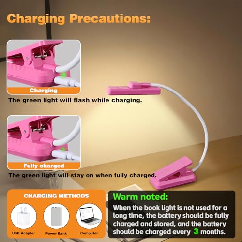 VAVOFO 24 LEDs Rotatable Book Light, Rechargeable Clip Reading Lamp, Rose - color: Rose