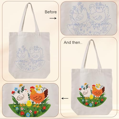 Louise Maelys Embroidery Kit Canvas Tote Bag, Chicken Floral Pattern - color: Rooster