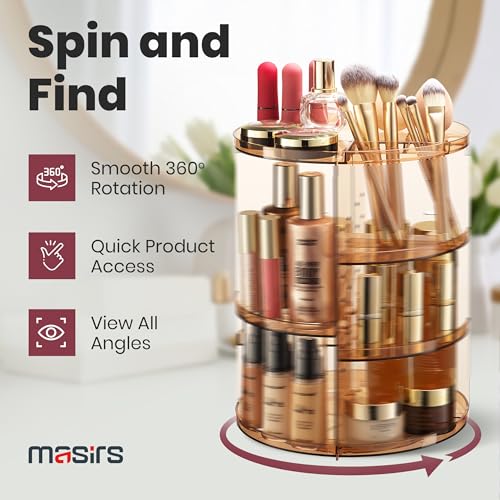 Masirs 360 Rotating Makeup Organizer Countertop, Adjustable Shelf, Brown - color: Brown