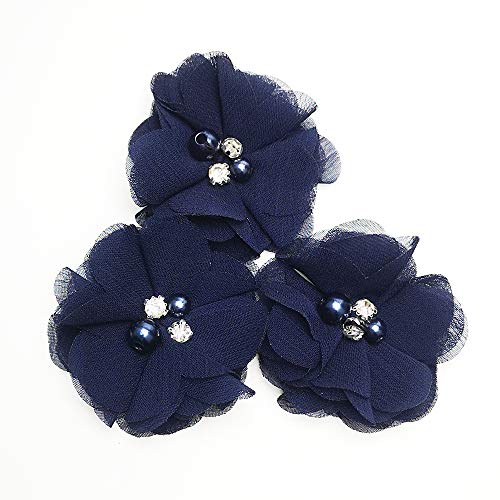 Chenkou Craft Pack of 12pcs Chiffon Flowers Ribbon Bows W/Beads 2-3/8" (60mm) Appliques Wedding Decor Bulk Lots (Navy) - color: Navy