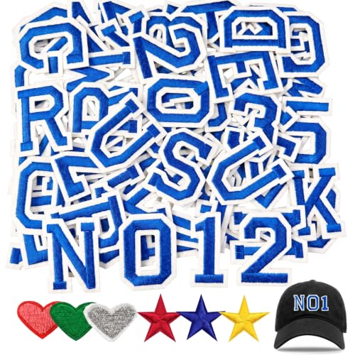 Jongdari Iron On Letters and Numbers Patches for Clothing, 2" Embroidery Alphabet Letterman Jacket Patche A-Z & 0-9 Applique for Backpack & Fabric (Blue 78pcs) - color: Blue, size: 52 Letters + 20 Numbers + 6 Patches