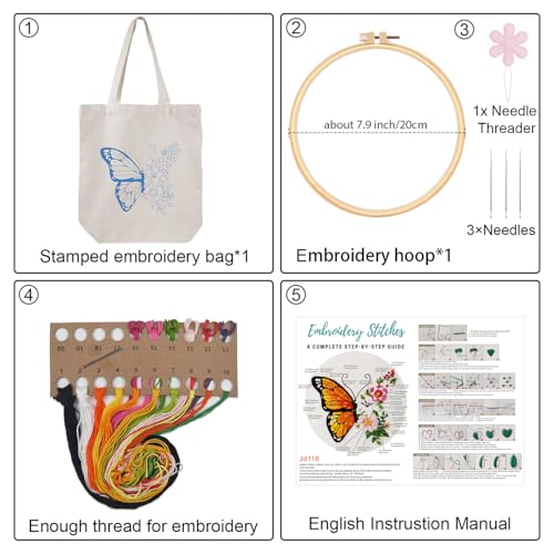 Louise Maelys Embroidery Kit Canvas Tote Bag for Beginners with Butterfly - color: butterfly flower