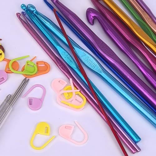 37 PCS Crochet Hook Set, High Quality Crochet Needles for Arthritic Hands, with Large-Eye Blunt Needles and Stitch Markers - color: Aluminum