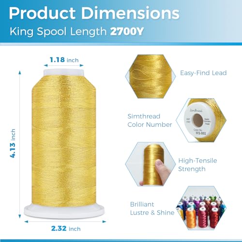 Simthread 2700 Yards Metallic Embroidery Machine Thread - Gold MS-002, 40wt High-Sheen King Spool, Smooth Running & Break Resistant for Commercial & Home Embroidery Machines - color: Gold MS-002