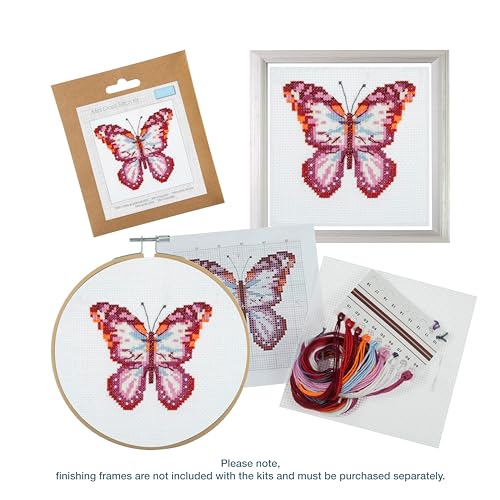 Trimits 3PK Cross Stitch Bundle – Counted Embroidery Kit, Beginner & All Level Starter Set, Complete with Instructions & Thread Children Wall Home DIY Décor – 13x13cm – Butterfly, Cat, Flowers - style: Butterfly, Cat, Flowers