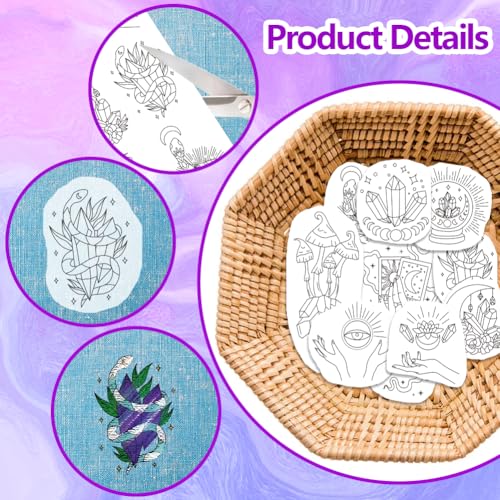 ORIGACH 4 Sheets Magic and Witchcraft Theme Water Soluble Embroidery Patterns Stabilizers - Pre-Printed Sun Moon & Evil Eye Designs - Stick & Stitch Embroidery Paper for Hand Sewing Lovers - color: Sun Moon & Evil Eye