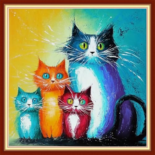 Magxvouy Cross Stitch Kits Stamped Full Range of Embroidery Kits,Cross Stitch Patterns Needlework Kits for Beginners 11CT Printed Kits&A Colorful cat Family 18x18 inch - color: Artcolor14