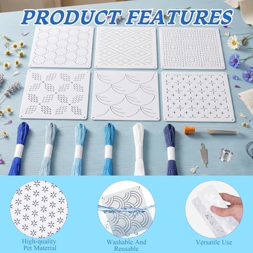 58 Pcs Sashiko Thread Kit with Plastic Sashiko Stencil, Thimble and Needles, Geometric Embroidery Pattern, Sashiko Template for Hand Quilting and Embroidery Projects Jeans Repair DIY Gift