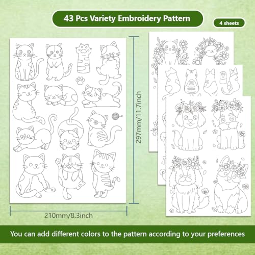 BENECREAT 4Pcs 43Pcs Cats and Dog Water Soluble Stabilizer, A4 Flower with Animal Embroidery Pattern Transfers for Hand Sewing Embroidery Stick and Stitch - color: Cats and Cute Dog