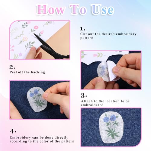 Grevosea 92 Pcs Water Soluble Embroidery Patterns, Stick and Stitch Embroidery Designs Water Soluble Stabilizer with Pre-Printed Flowers and Leaves for Beginner Embroidery Hand Sewing