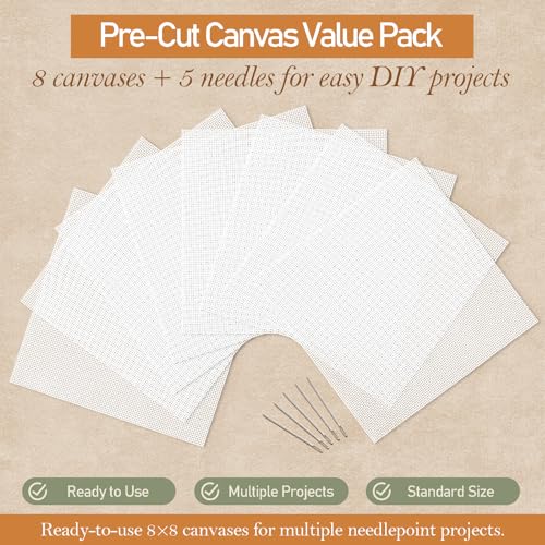 Kaitiaki 13 Mesh Needlepoint Canvas 8 x 8 Inch, 8 Pack 100% Cotton 13CT Blank White Sheets with 5 Needles, Boxed No-Fold Refill Pack for DIY Needlepoint Embroidery Crafts - color: White 13mesh-8x8 in