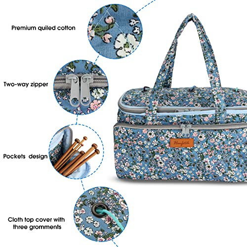 Yarn Bag-Large Size-Yarn Storage Organizer with Grommets-Portable Crochet Bag for Yarn Skeins-Crochet Hooks-Knitting Needles -Other Accessories (Flower-Blue) - color: Flower-Blue