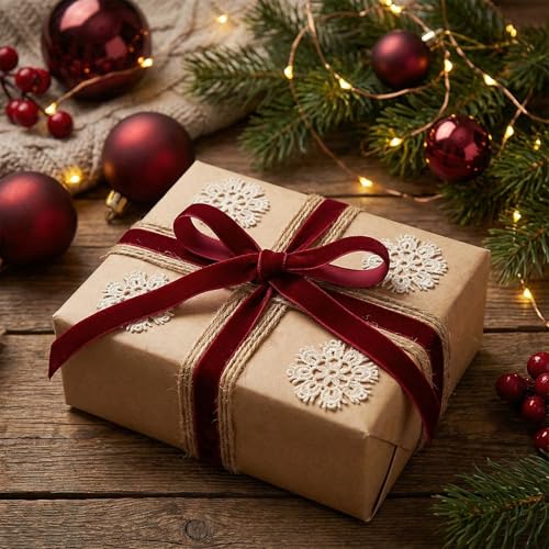 IDONGCAI Velvet Ribbon, Jute Twine & Lace Snowflake Craft Kit - color: Burgundy