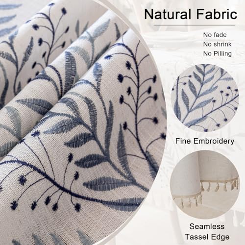 Joyfol Day Rustic Waterproof Linen Round Tablecloth, Heavy Weight Fern Embroidery Table Cloths for Round Tables, Farmhouse Spill-Proof Table Covers with Tassels, Blue, 55 inch - color: Blue Fern, size: 55" (Round)