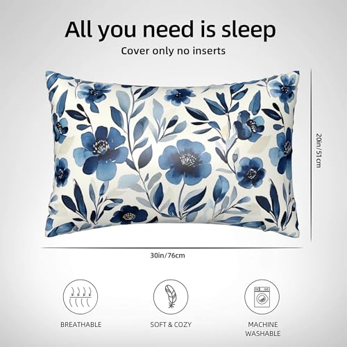 Satin Pillowcase for Hair and Skin Watercolor Blue Flowers and Leaves Super Soft and Cooling Similar to Silk Pillow Case 1 Pack with Hidden Zipper Silky Soft Zippered Satin Pillowcase20 x30 - color: Watercolor Blue Flowers and Leaves