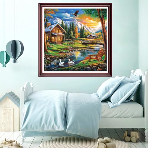Funchey Counted Cross Stitch Kits for Adults Needlepoint Kits Unprinted Cross Stitching Embroidery Kit 11CT Cross Stitch Supplies-Stream Home Scenery 18x18 inch - color: ArtsKits25