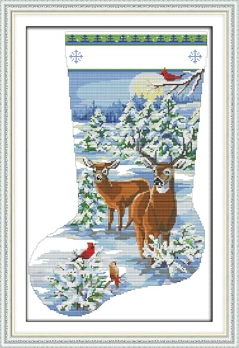 Howie's Needlepoint Cross Stitch Kits, 14CT Pre-Printed Christmas Pattern Embroidery Kits, Full Range of Stamped Starter Needlework Kits (Elk Christmas Stockings, 13.39 x 19.69inch) - color: Elk Christmas stockings