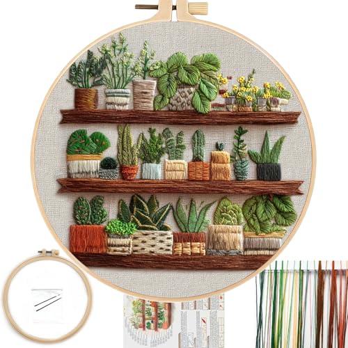 FONNUY Green Plant Embroidery Kit, Petite Potted Plants Patterns, Cross Stitch Kits for Adults and Beginners, Handmade Crafts with Printed Pattern Set, Thread Needlework, 8'' Hoop (Greeen A02) - color: Greeen A02