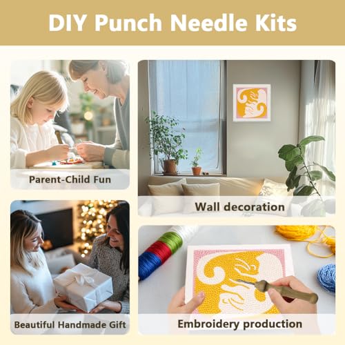 DOODLREAM Hug Cats Punch Needle Kit for Beginner, 9.4"x9.4" Cute Animal Punch Stitching Craft Set, DIY Embroidery Starter with Printed Frame, Instruction, Threader, Yarn, Pinch Needle - color: Hug Cats