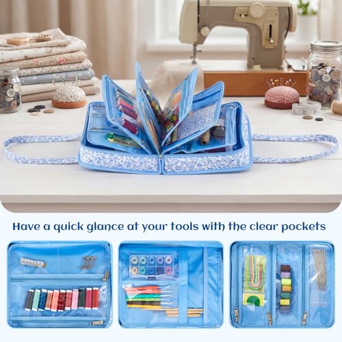 Abbylike Sewing Embroidery 8 Compartments Bag, Blue Floral - style: Blue Floral