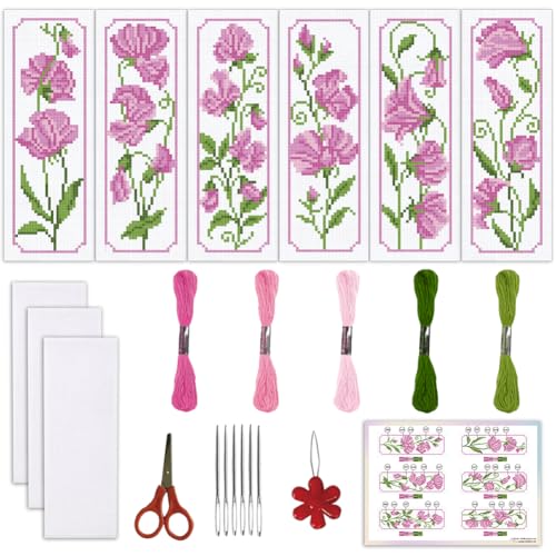 ORIGACH 6 Set Pea Flower Cross Stitch Bookmark Kit for Beginner - style: Pea Flower